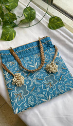 Load image into Gallery viewer, Green Chikankari Embroidered Potli Bag with Golden Bead Tassels - HONC0316098