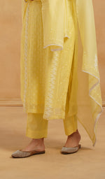 Load image into Gallery viewer, Saziya Women's Lakhnavi Handcrafted Mul Chanderi Chikankari Stitched Kurta, Dupatta And Pant Set - HONC0798462