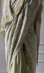 Load image into Gallery viewer, Women's Lakhnavi Handcrafted Pure Silk Georgette Chikankari Saree - HONC0284206