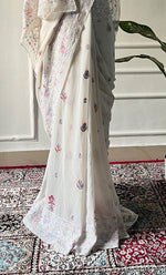 Load image into Gallery viewer, Women's Lakhnavi Handcrafted Pure Silk Georgette Chikankari Saree - HONC0313292