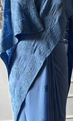 Load image into Gallery viewer, Women's Lakhnavi Handcrafted Pure Silk Georgette Chikankari Saree - HONC0318707