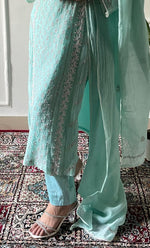 Load image into Gallery viewer, Women's Lakhnavi Handcrafted Mul Chanderi Chikankari Stitched Kurta, Dupatta And Pant Set - HONC0322167