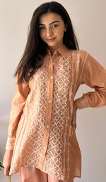 将图像加载到图库查看器中, Sarah Women's Lakhnavi Handcrafted Chanderi Silk Chikankari Top And Pant Set - HONC0332567