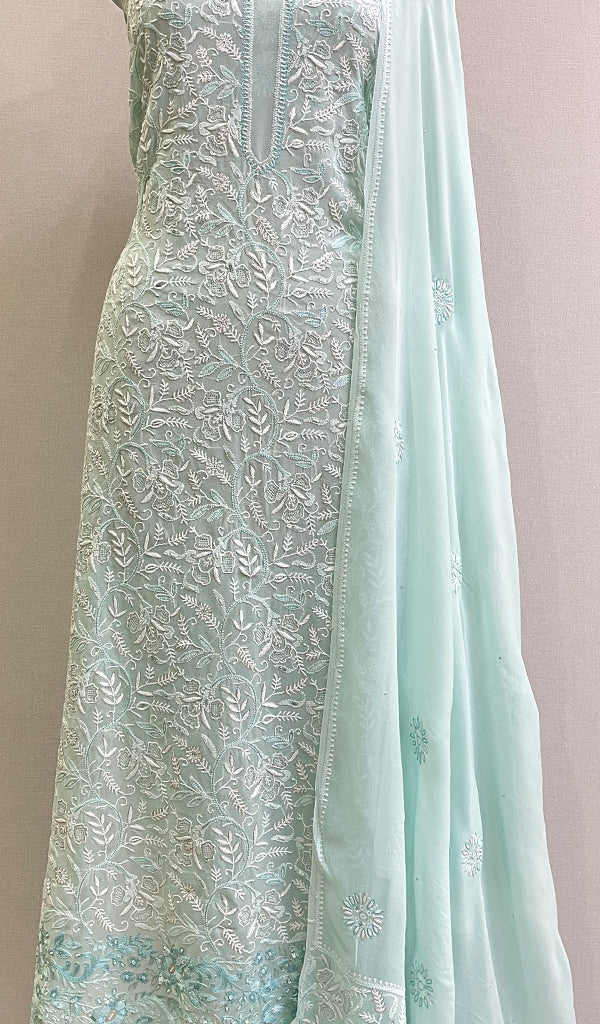 Women's Lakhnavi Handcrafted Pure Silk Georgette Chikankari Kurta  And Dupatta Set-HONC0146030