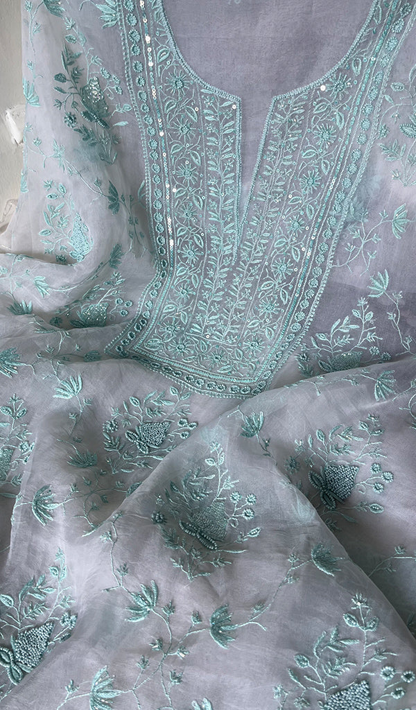 Women's Lakhnavi Handcrafted Pure Organza Chikankari Unstitched Kurta And Dupatta Set- HONC0271904