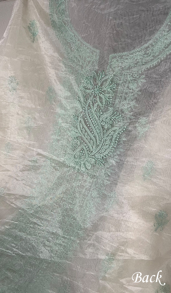 Lakhnavi 手工制作的欧根纱 Chikankari 未缝合 Kurti 面料 - Honc0133587