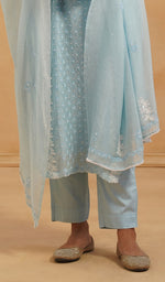 Load image into Gallery viewer, Saziya Women's Lakhnavi Handcrafted Mul Chanderi Chikankari Stitched Kurta, Dupatta And Pant Set - HONC0464646