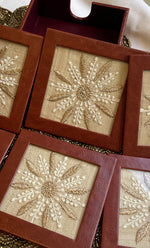 Load image into Gallery viewer, Handcrafted Chikankari Tea Coaster Set with Wooden Holder – Set of 6 - HONC0310084