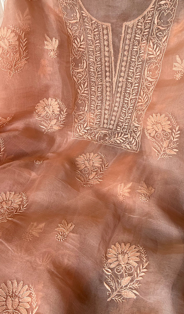 Women's Lakhnavi Handcrafted Pure Organza Chikankari Unstitched Kurta And Dupatta Set- HONC0266188