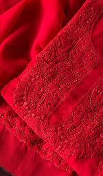 Load image into Gallery viewer, Red Women Lucknowi Handcrafted Faux-Georgette Chikankari Semi - Stitched Suit Material