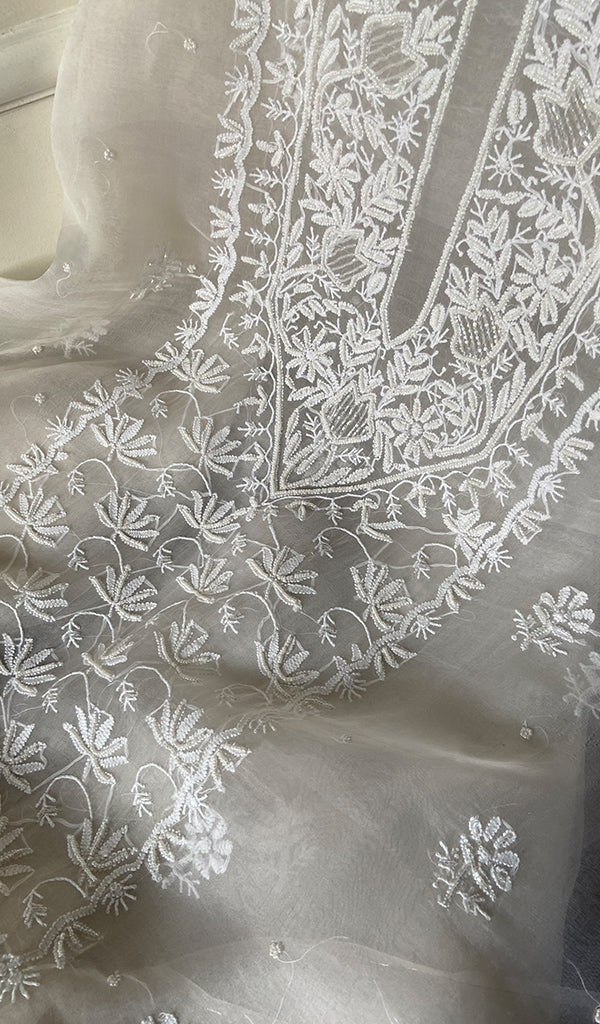 Women's Lakhnavi Handcrafted Pure Organza Chikankari Unstitched Kurta And Dupatta Set- HONC0265389