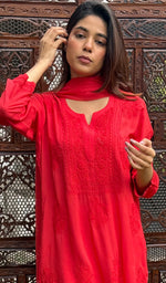 Load image into Gallery viewer, Women's Lakhnavi Handcrafted Modal Cotton Chikankari Kurta Dupatta And Palazzo Set - HONC0233481