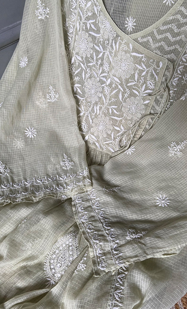 Sehmat Women's Lakhnavi Handcrafted Kota Cotton Semi - Stitched Angrakha And Dupatta Set- HONC0307361