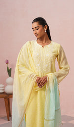 Load image into Gallery viewer, Jazba Women's Lakhnavi Handcrafted Mul Chanderi Chikankari Stitched Kurta, Dupatta And Pant Set - HONC0469874