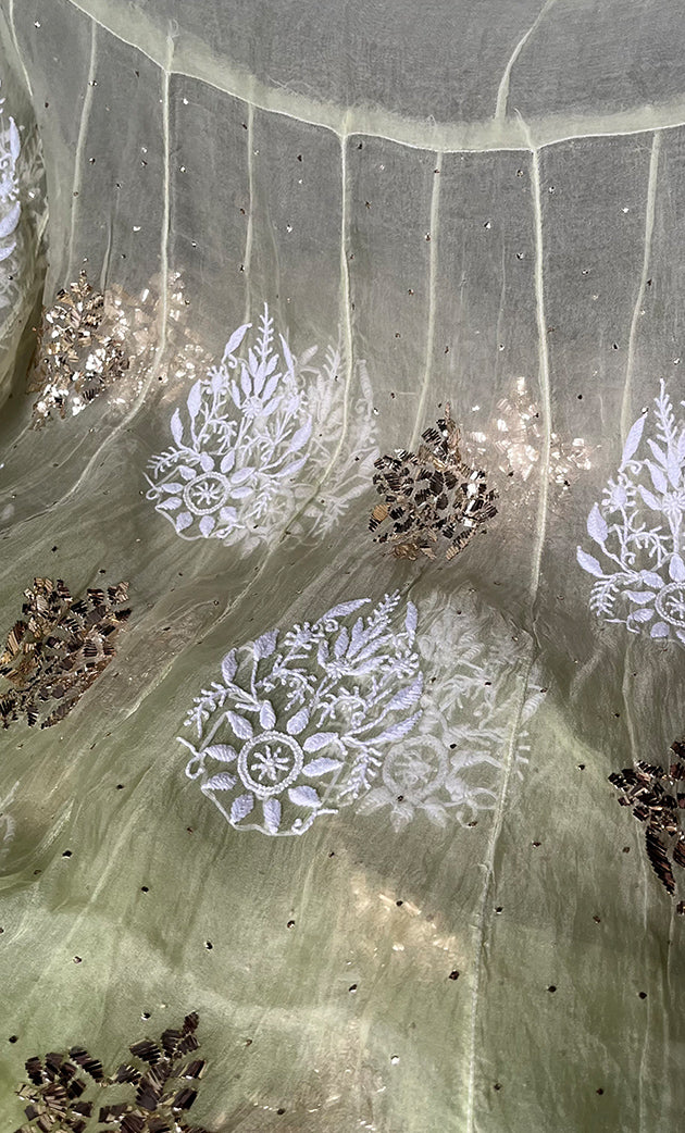 Women's Lakhnavi Handcrafted Bridal Pure Organza Silk  Chikankari Lehenga Set - HONC0294021