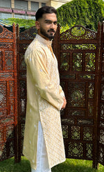 Load image into Gallery viewer, Men's Lucknowi Handcrafted Tissue Chanderi Chikankari Kurta - HONC0321236