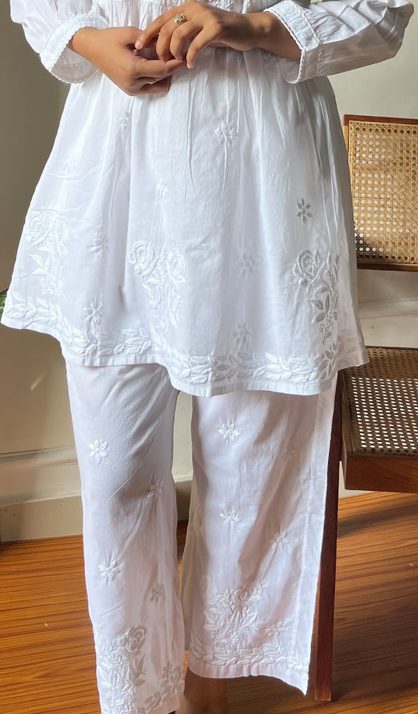 Women's Lakhnavi Handcrafted Cotton Chikankari Short Kurta And Palazzo Set - HONC0290417