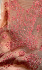 Load image into Gallery viewer, Women's Lakhnavi Handcrafted Pure Organza Chikankari Unstitched Kurta And Dupatta Set- HONC0310373