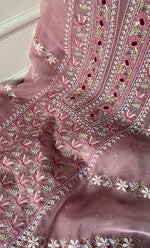Load image into Gallery viewer, Women's Lakhnavi Handcrafted Pure Organza Chikankari Unstitched Kurta And Dupatta Set- HONC0339421