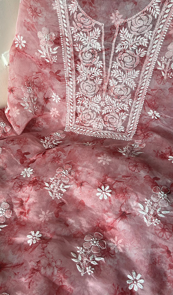 Women's Lakhnavi Handcrafted Organza Chikankari Unstitched Kurta And Dupatta Set - HONC0268883