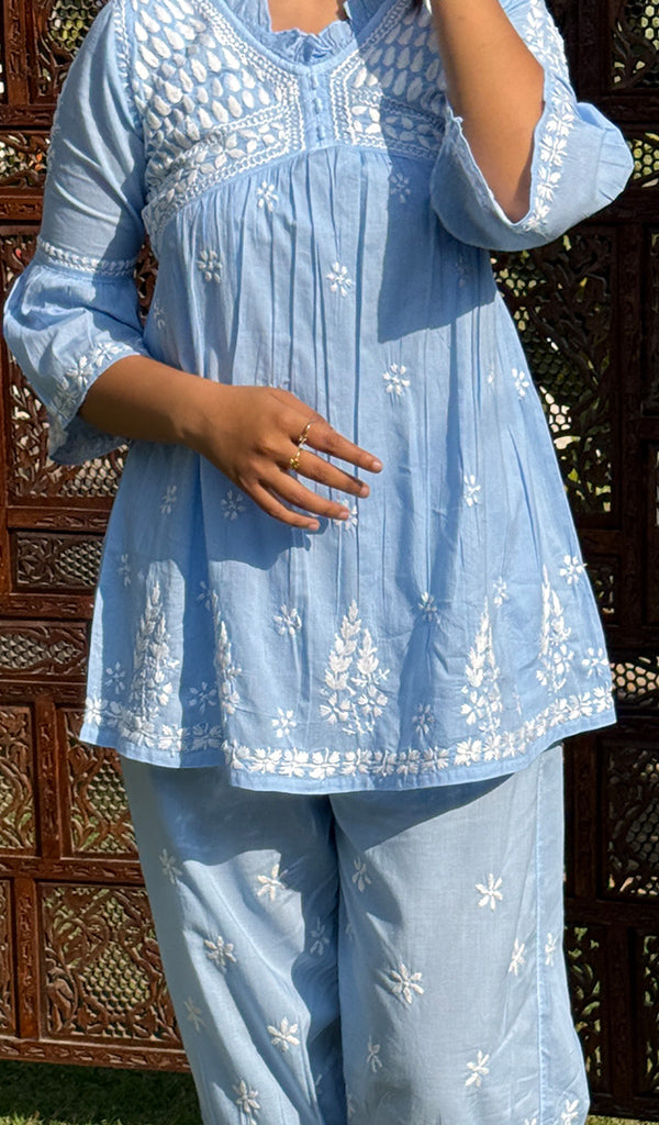 Rania Women's Lakhnavi Handcrafted Cotton Chikankari Short Kurta And Afghani pant Set - HONC0268718