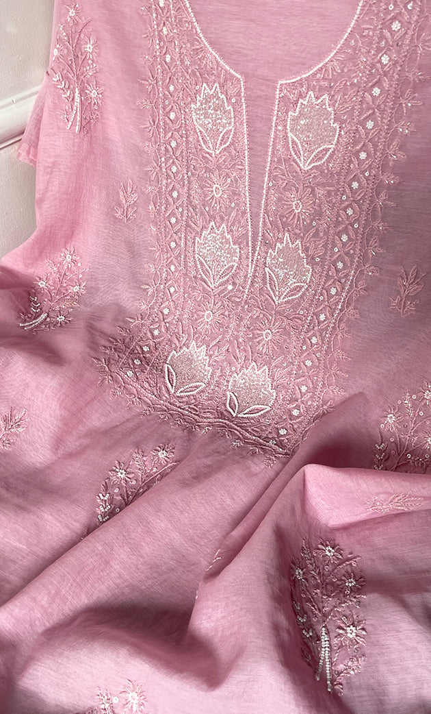 Women's Lakhnavi Handcrafted Mul Chanderi Unstitched Chikankari Full Suit Material - HONC0314659