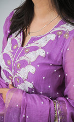 Load image into Gallery viewer, Women's Lakhnavi Handcrafted Mul Chanderi Chikankari Stitched Kurta, Dupatta And Pant Set - HONC03207270