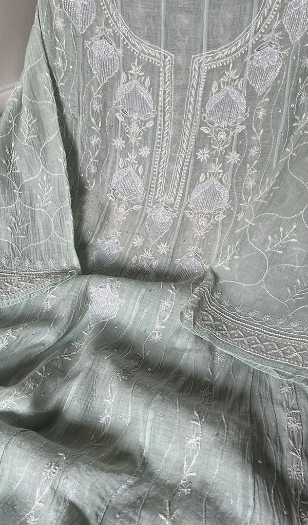 Laiba Women's Lakhnavi Handcrafted Mul Chanderi Semi - Stitched Anarkali And Dupatta Set - HONC0288583