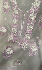 Load image into Gallery viewer, Rose Women's Lakhnavi Handcrafted Pure Organza Chikankari Unstitched Kurta And Dupatta Set- HONC0305186
