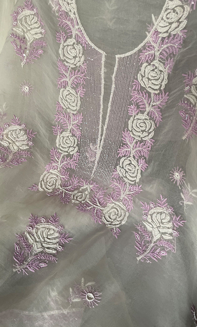 Rose Women's Lakhnavi Handcrafted Pure Organza Chikankari Unstitched Kurta And Dupatta Set- HONC0305186