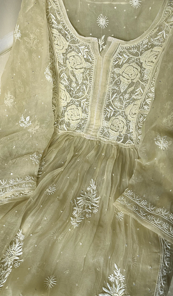 Women's Lakhnavi Handcrafted Pure Organza Chikankari Semi - Stitched Kurta And Dupatta Set- HONC0207085