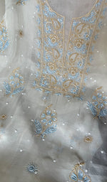 将图像加载到图库查看器中, Women's Lakhnavi Handcrafted Pure Organza Chikankari Unstitched Kurta And Dupatta Set- HONC0283105