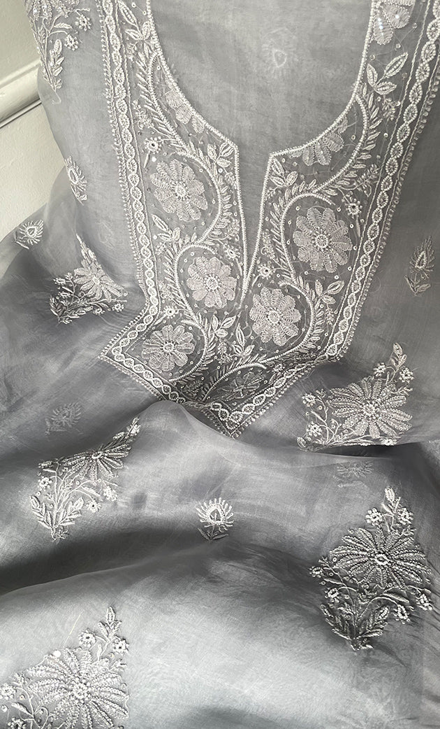 Women's Lakhnavi Handcrafted Pure Organza Chikankari Unstitched Kurta And Dupatta Set- HONC0314169