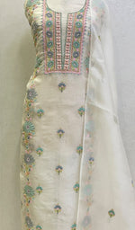 将图像加载到图库查看器中, Women's Lakhnavi Handcrafted Pure Organza Chikankari Unstitched Kurta And Dupatta Set - HONC0147631