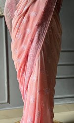 Load image into Gallery viewer, Women's Lakhnavi Handcrafted Pure Silk Georgette Chikankari Saree - HONC0285571
