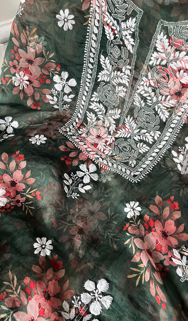 Women's Lakhnavi Handcrafted Organza Chikankari Unstitched Kurta And Dupatta Set - HONC0268874