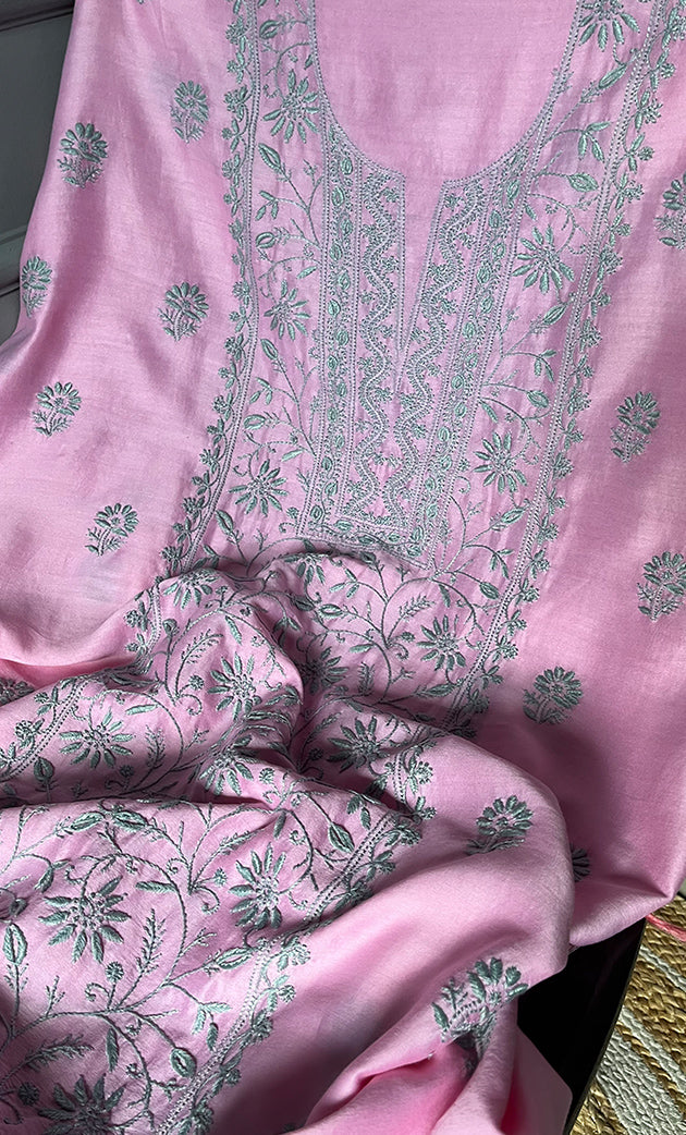 Women's Lakhnavi Handcrafted Mul Chanderi Unstitched Chikankari Full Suit Material -HONC0272784