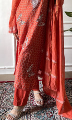 Load image into Gallery viewer, Women's Lakhnavi Handcrafted Mul Chanderi Chikankari Stitched Kurta, Dupatta And Pant Set - HONC0332155