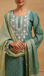 Load image into Gallery viewer, Jazba Women's Lakhnavi Handcrafted Mul Chanderi Chikankari Stitched Kurta, Dupatta And Pant Set - HONC0458975
