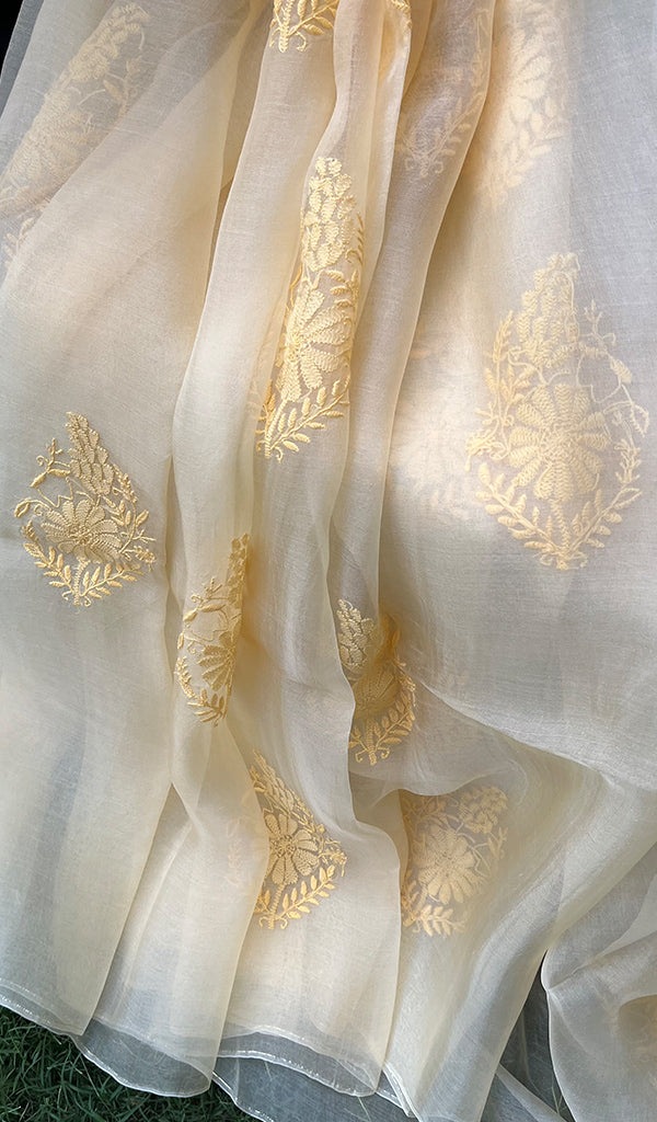 Women's Lucknowi Handcrafted Pure Organza Silk Chikankari SAREE - HONC0228639