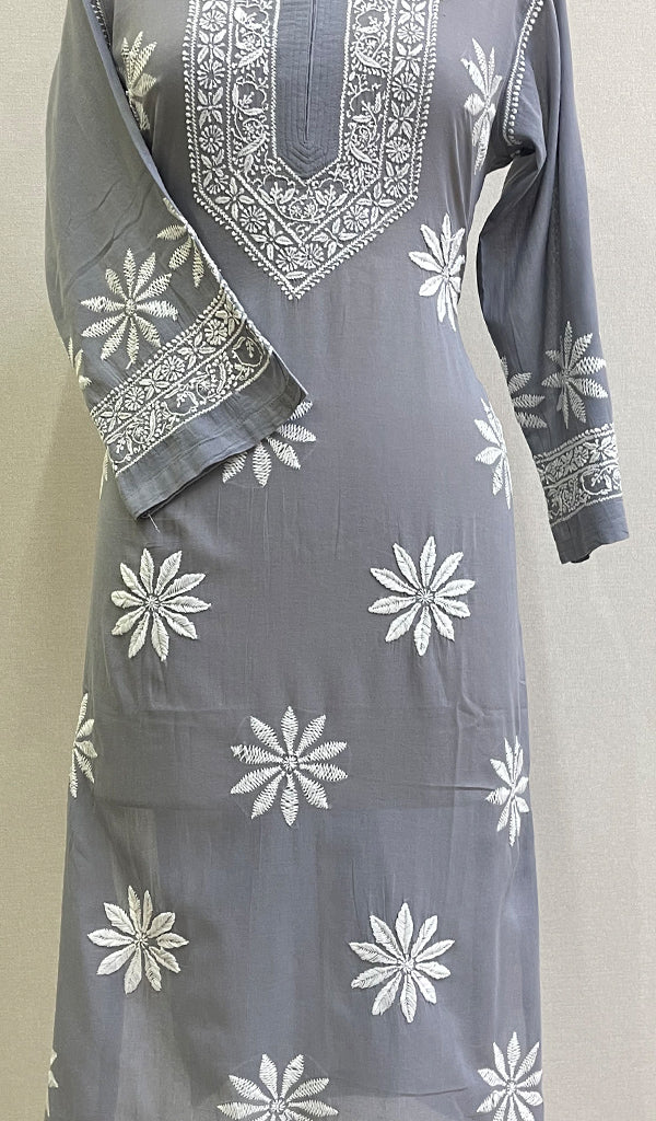 Grey Women's Lucknowi Handcrafted Cotton Chikankari Kurti