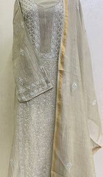 Load image into Gallery viewer, Women's Lakhnavi Handcrafted Mul Chanderi Chikankari Semi Stitched Kurta And Dupatta Set- HONC0144339