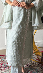 Load image into Gallery viewer, Saziya Women's Lakhnavi Handcrafted Mul Chanderi Chikankari Stitched Kurta, Dupatta And Pant Set - HONC0324263