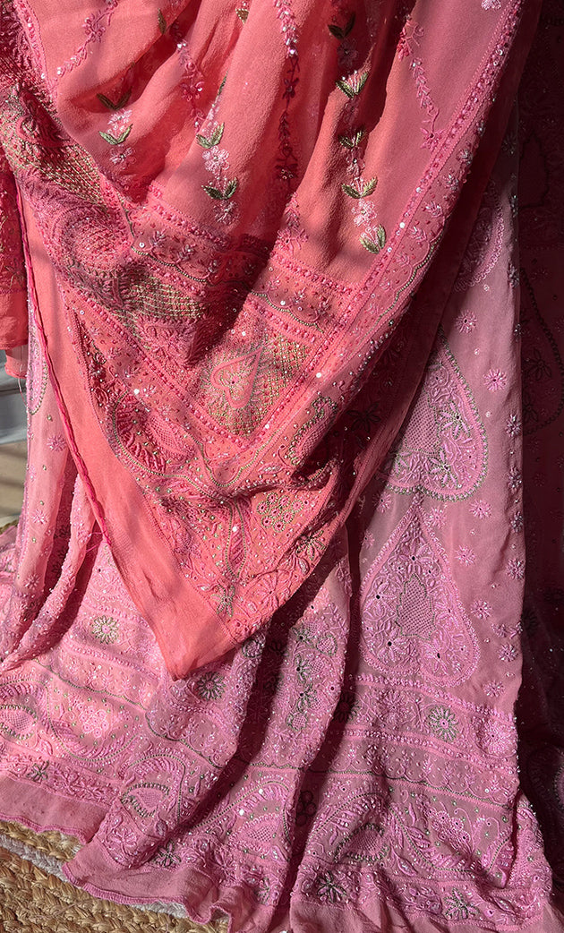 Women's Lakhnavi Handcrafted Bridal Pure Silk Georgette Chikankari Lehenga Set - HONC0269069