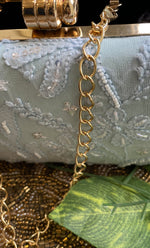 Load image into Gallery viewer, Sky Blue Handcrafted Chikankari Clutch with Golden Chain - HONC0232412