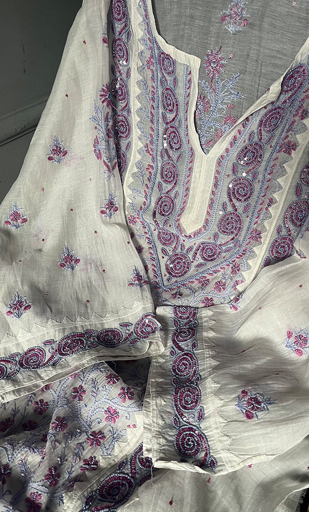 Aaliyah Women's Lakhnavi Handcrafted Mul Chanderi Semi - Stitched Kurta And Dupatta Set - HONC0239039