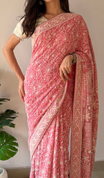 Load image into Gallery viewer, Women's Lakhnavi Handcrafted Pure Silk Georgette Chikankari Saree - HONC0334748
