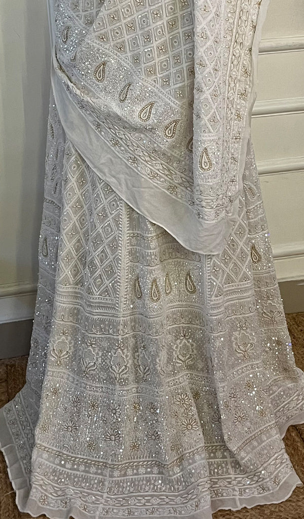 Women's Lakhnavi Handcrafted Bridal Pure Silk Georgette Chikankari Lehenga Set - HONC02690721