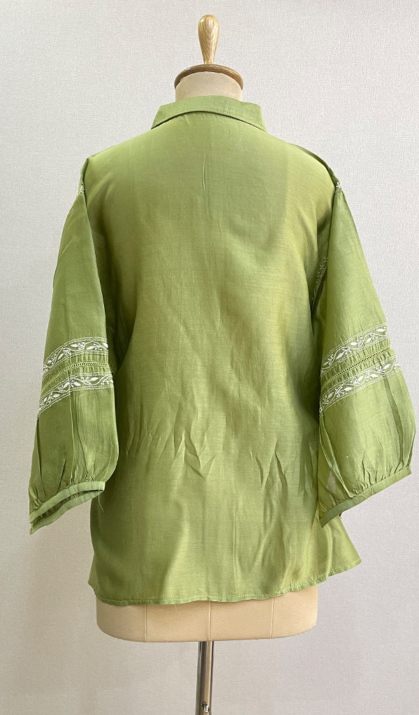 Fiza Women's Lakhnavi Handcrafted Chanderi Silk Semi- Stiched Chikankari Top - HONC0192134