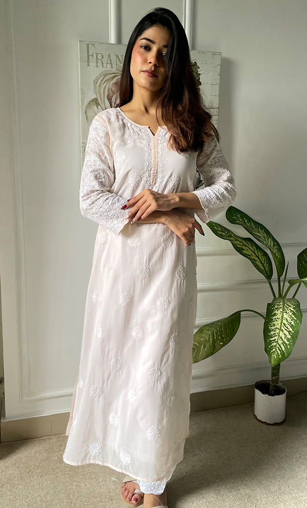 Women's Lucknowi Handcrafted Cotton Chikankari Long Kurti - HONC0303588